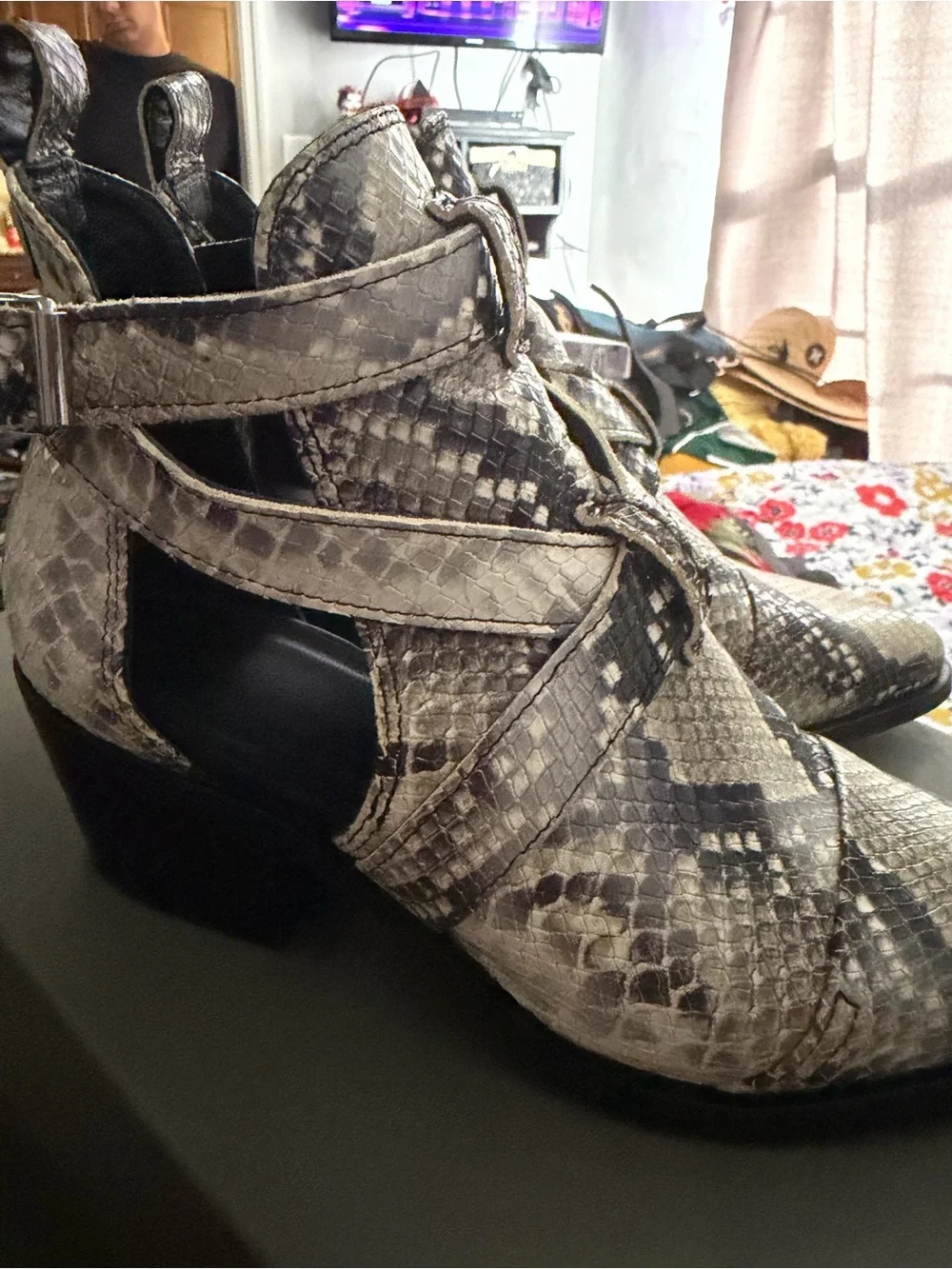 All Saints Snake-Print Pointed Ankle Boots in Tan and Black